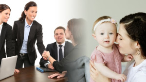 Fotomontaggio: a sinistra donne in carriera in una riunione d'affari, a destra una mamma non un infante
