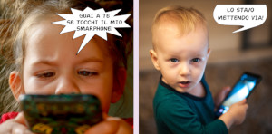 Bambini e smartphone... A sinistra, una bambina minaccia chi volesse portarle via lo smartphone. A destra, un bambino si giustifica dicendo che lo stava mettendo via