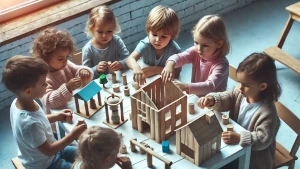 Un gruppo di bambini gioca con le costruzioni intorno a un tavolo. L'età prescolare è un periodo di grandi scoperte che portano a cambiamenti enormi