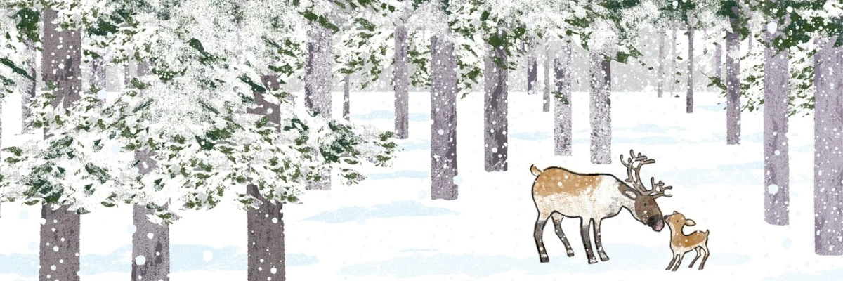 Un cucciolo di renna con il suo papà in un bosco innevato. Il Natale è la riscoperta di relazioni