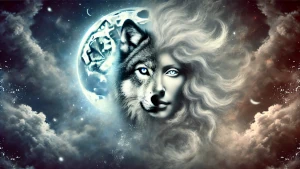 Immagine di fantasia di un volto metà donna e metà lupo. La donna selvaggia chiama alla libertà