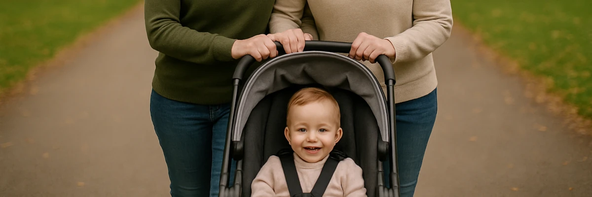 Un bimbo nel passeggino spinto da quattro braccia femminili. L'omogenitorialità è un percorso che prevede molti passi difficili e importanti