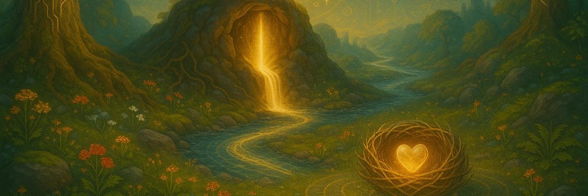 Immagine fantastica di una roccia da cui sgorga un fluido dorato che arriva a un nido contenente un cuore d'oro. La mamma è il modo con cui vediamo il mondo, ma possiamo modificarlo e renderlo più adatto a noi