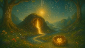 Immagine fantastica di una roccia da cui sgorga un fluido dorato che arriva a un nido contenente un cuore d'oro. La mamma è il modo con cui vediamo il mondo, ma possiamo modificarlo e renderlo più adatto a noi