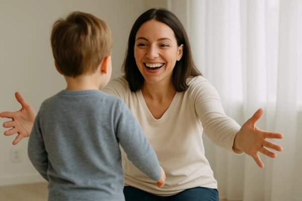 Una mamma accoglie il bimbo a braccia aperte e gli sorride. Il Genitore Affettivo è colui che si prende cura del bimbo, riconoscendolo, dandogli voce e trattandolo con affetto