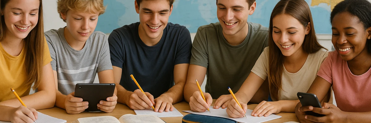 Gruppetto di ragazzi e ragazze delle medie e delle superiori che studiano serenamente con libri, quaderni, astucci, smartphone e tablet. Ognuno può studiare con profitto: basta che trovi il suo metodo di studio