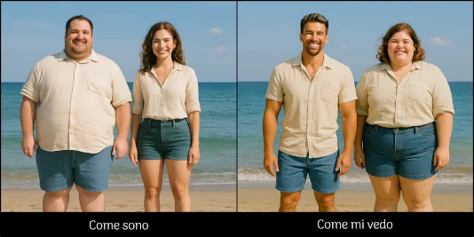 Immagine doppia: a sinistra un uomo e una donna in spiaggia così come sono (lui grasso e lei normotipo), mentre a destra così come si vedono (lui aitante e lei grassa al limite dell'obesità). Non è detto che la mia immagine corporea debba essere negativa: posso pensare infatti di essere molto meglio di ciò che sono e di stupirmi del fatto che non ho l'apprezzamento degli altri