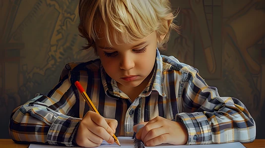 Un bambino imbronciato a causa dei compiti. L'attività scolastica è spesso incomprensibile sia nello svolgimento sia nello scopo