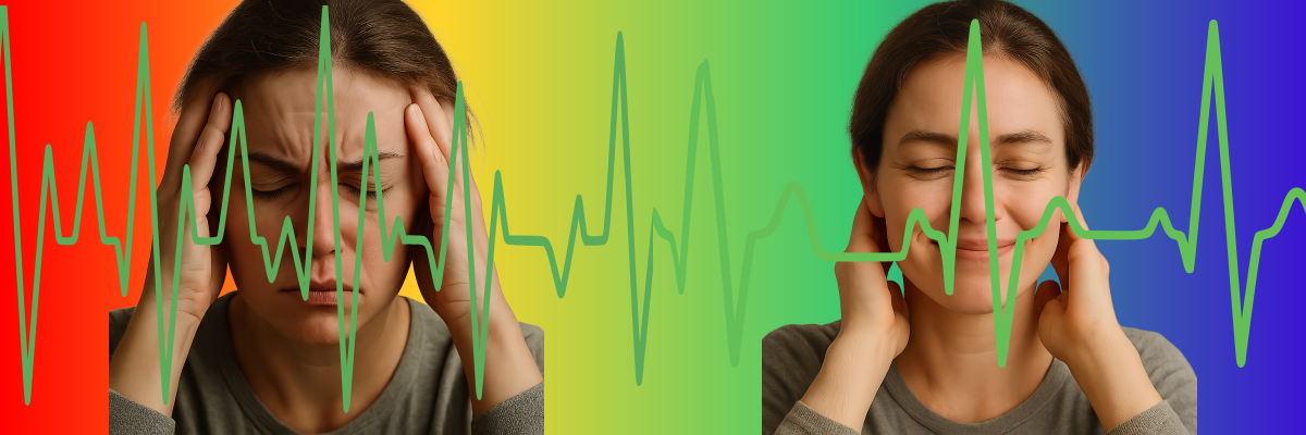A sinistra, volto di donna tesa, con battico cardiaco molto rapido. A destra, volto di donna serena, con battito cardiaco pacato. La pausa ha influenze benefiche sulla vita