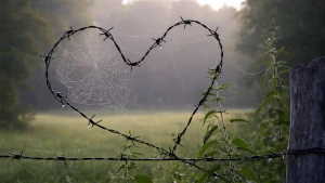 Cuore formato dal filo spinato, contenente una ragnatela. L'amore tossico non è amore: è un veleno travestito da amore