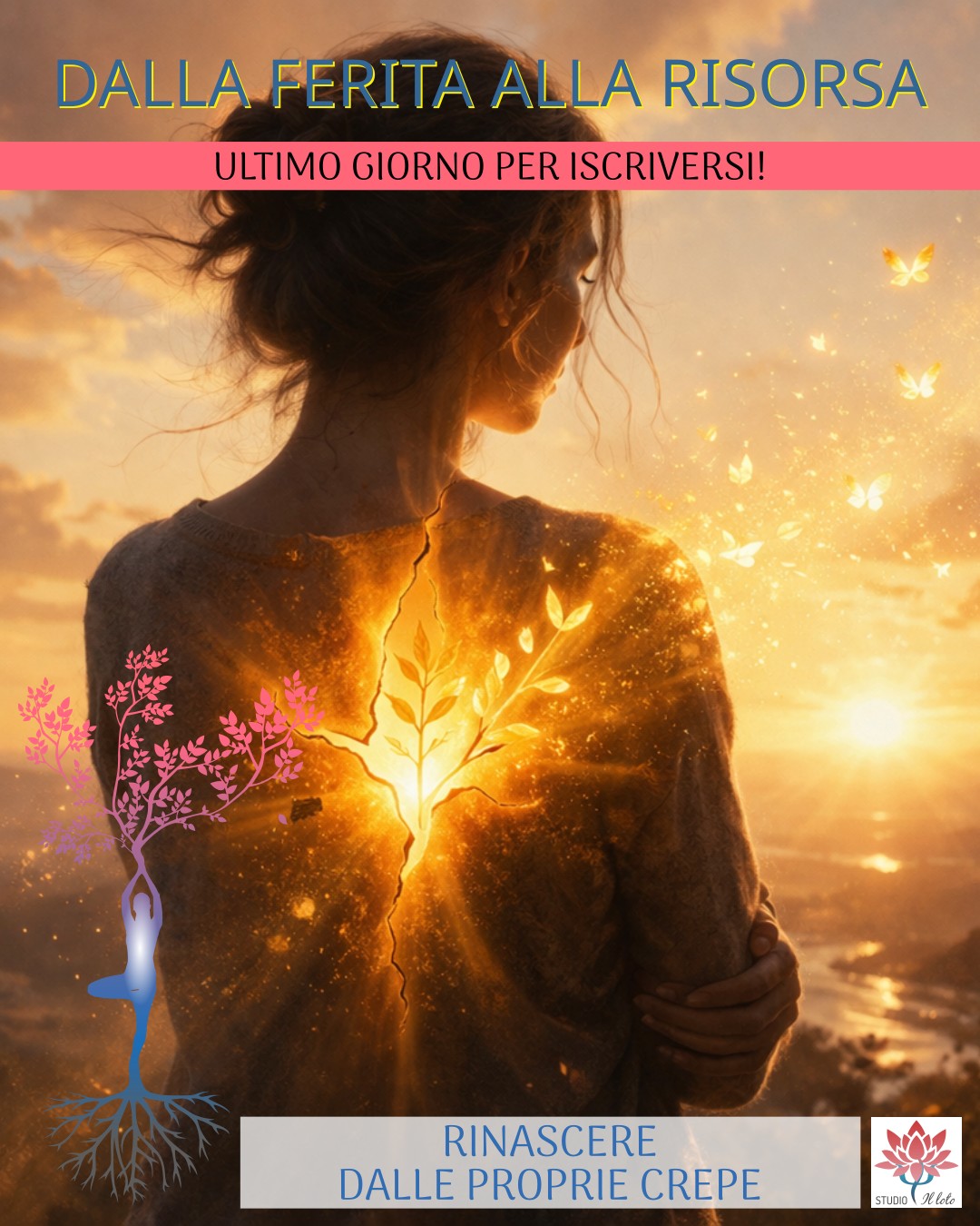 Immagine fantastica di una donna che, di spalle, su un monte guarda l'orizzonte al tramonto. Nella schiena ha una crepa dorata dalla quale emerge una piccola pianta e farfalle dorate. Le ferite possono diventare risorse Immagine fantastica di una donna che, di spalle, su un monte guarda l'orizzonte al tramonto. Nella schiena ha una crepa dorata dalla quale emerge una piccola pianta e farfalle dorate. Le ferite possono diventare risorse