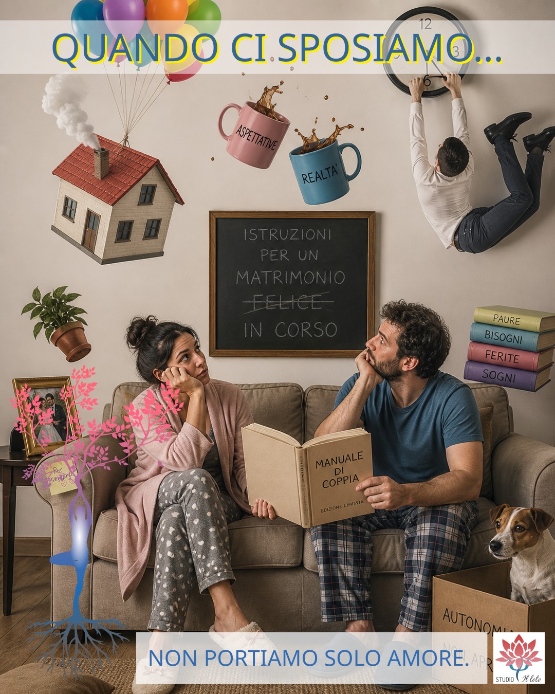 Ogni matrimonio ha un carico di aspettative e bisogni Coppia sul divano circondata da oggetti surreali che rappresentano aspettative e bisogni nel matrimonio