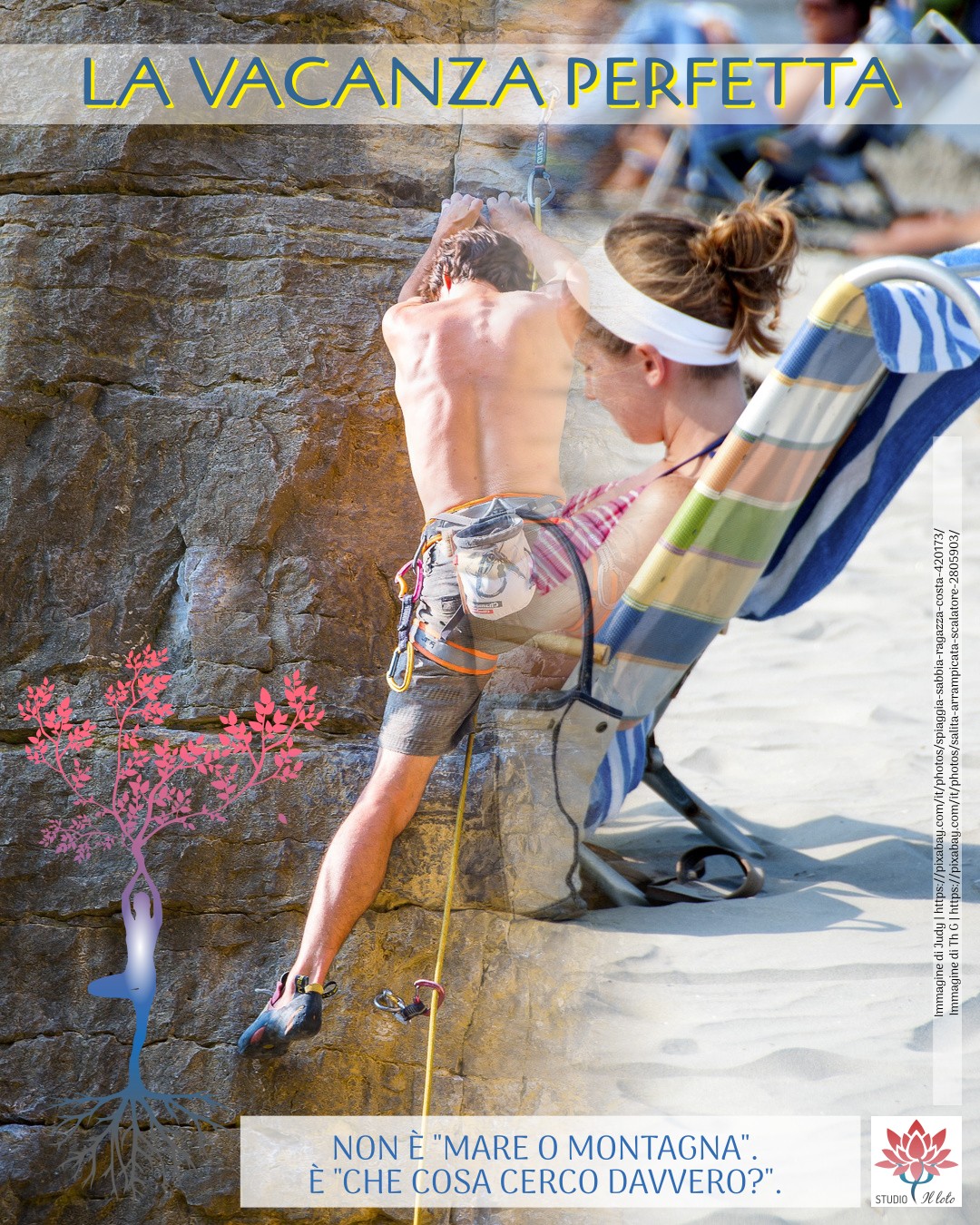 Immagine sfumata tra una donna che legge al mare e un uomo che arrampica.