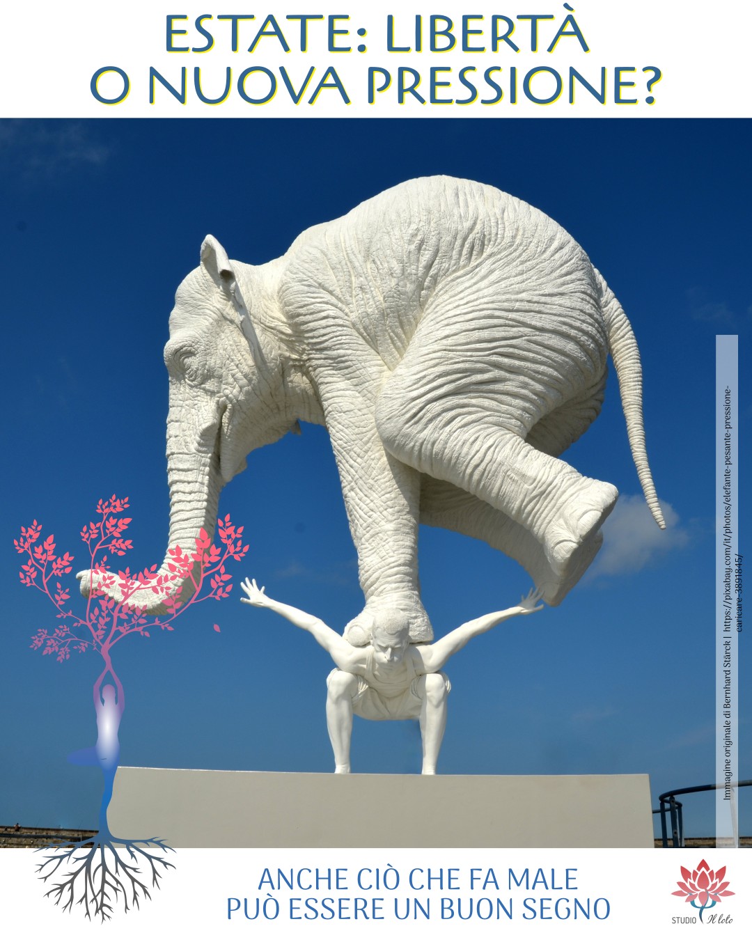 Statua di un uomo in equilibrio che sostiene un grande elefante