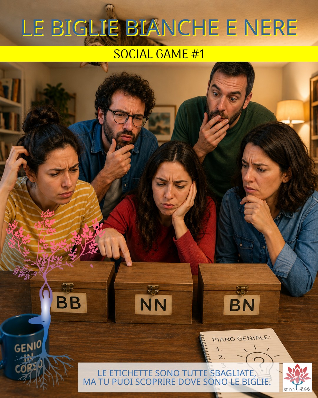 Un gruppo di amici riflette davanti a tre scatole di legno etichettate BB, NN e BN in un gioco di logica. Un gruppo di amici riflette davanti a tre scatole di legno etichettate BB, NN e BN in un gioco di logica.