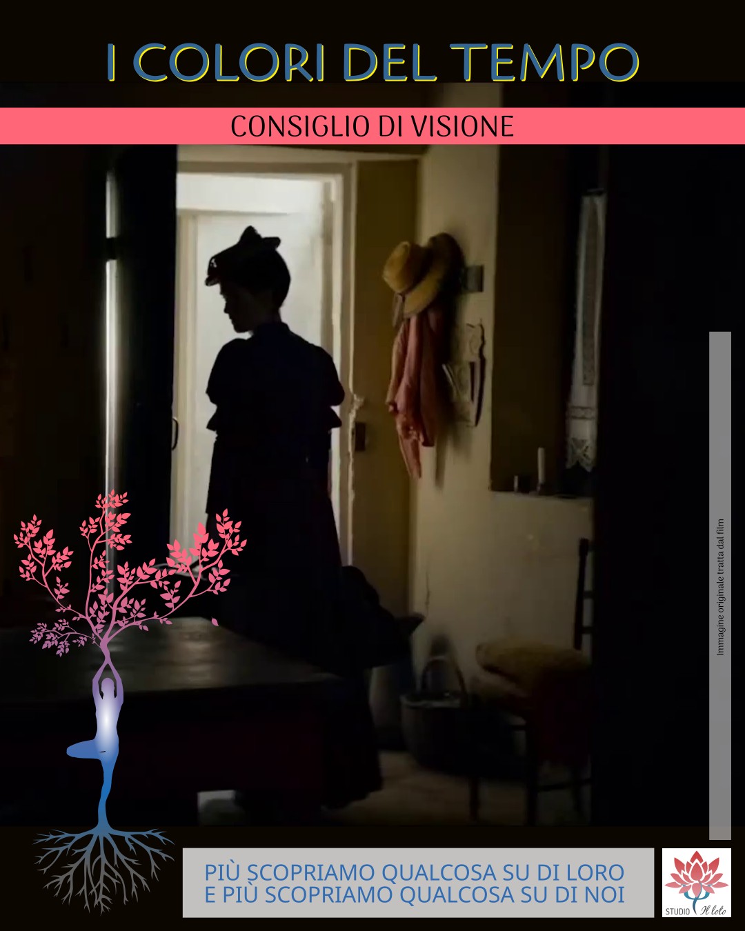 Consiglio di visione su I colori del tempo, con immagine in penombra e citazione sulla conoscenza di sé. Consiglio di visione su I colori del tempo, con immagine in penombra e citazione sulla conoscenza di sé.
