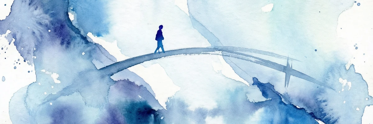 NeuroSguardi: un corso per riconoscere ADHD, autismo e plusdotazione Persona su un ponte immersa in macchie d’acquerello azzurre.