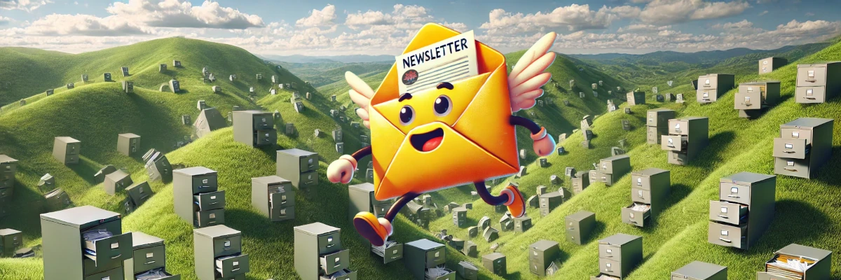 La busta vagamente anrtopomorfizzata che  porta la newsletter corre felice sopra le verdi colline piene di schedari da ufficio. Le newsletter di Studio Il loto sono disponibili per tutti